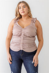 Plus Size Ruched Button-Up Ruffle Strap Smocked Back Tank Top