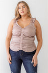 Plus Size Ruched Button-Up Ruffle Strap Smocked Back Tank Top