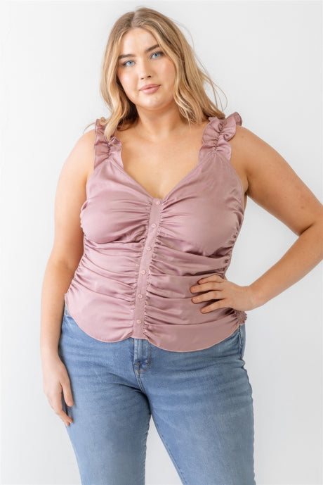 Plus Size Ruched Button-Up Ruffle Strap Smocked Back Tank Top