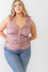 Plus Size Ruched Button-Up Ruffle Strap Smocked Back Tank Top