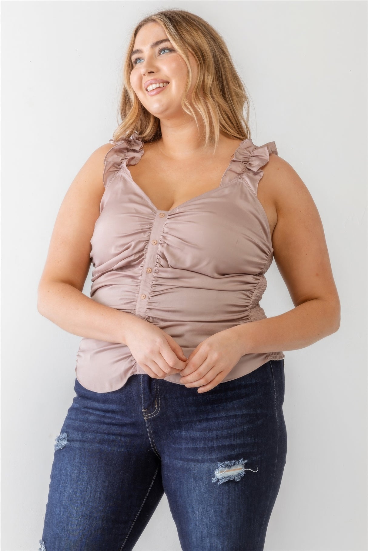 Plus Size Ruched Button-Up Ruffle Strap Smocked Back Tank Top