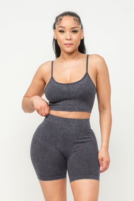 Black Washed Seamless Basic Tank Top And Shorts Set