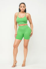 lime green Washed Seamless Basic Tank Top And Shorts Set