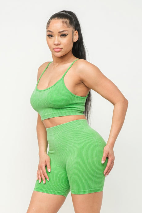 lime green Washed Seamless Basic Tank Top And Shorts Set