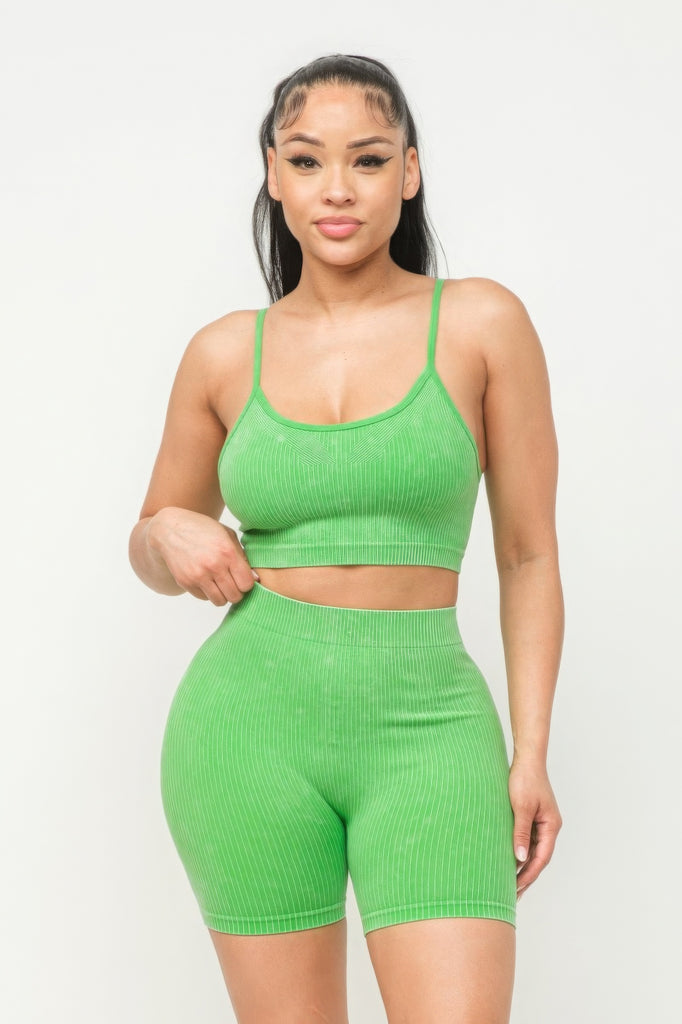 lime green Washed Seamless Basic Tank Top And Shorts Set