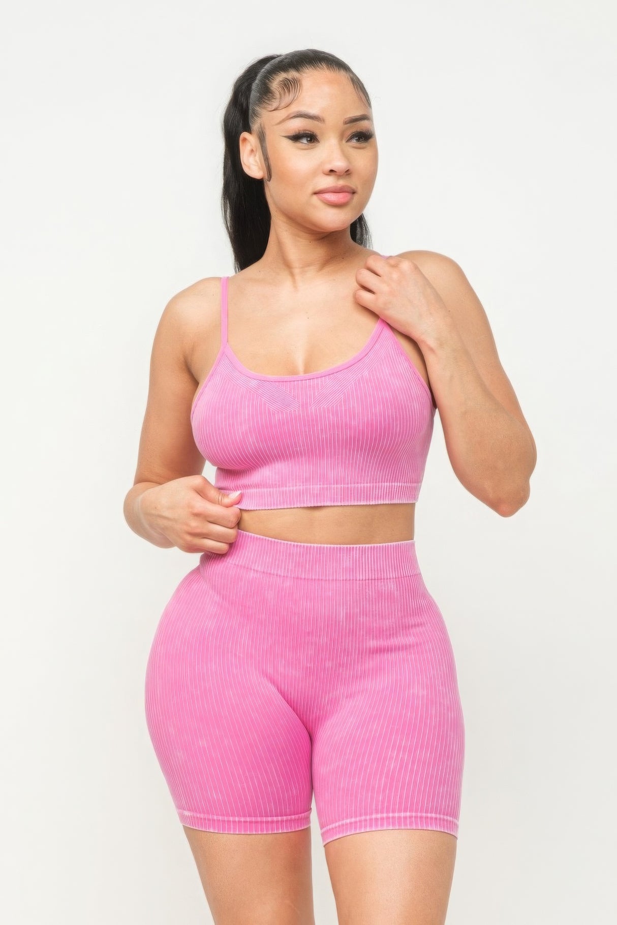 pink Washed Seamless Basic Tank Top And Shorts Set