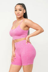 pink Washed Seamless Basic Tank Top And Shorts Set