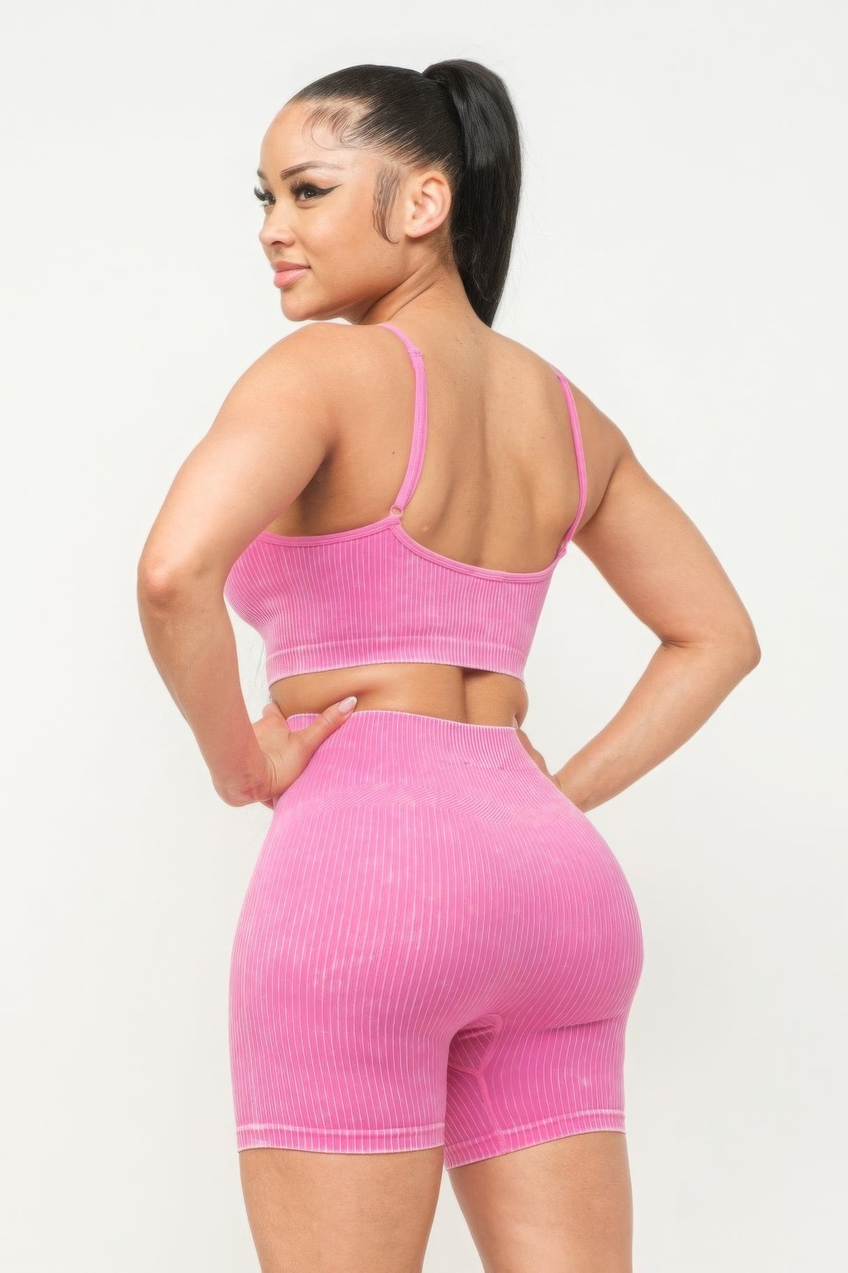 pink Washed Seamless Basic Tank Top And Shorts Set