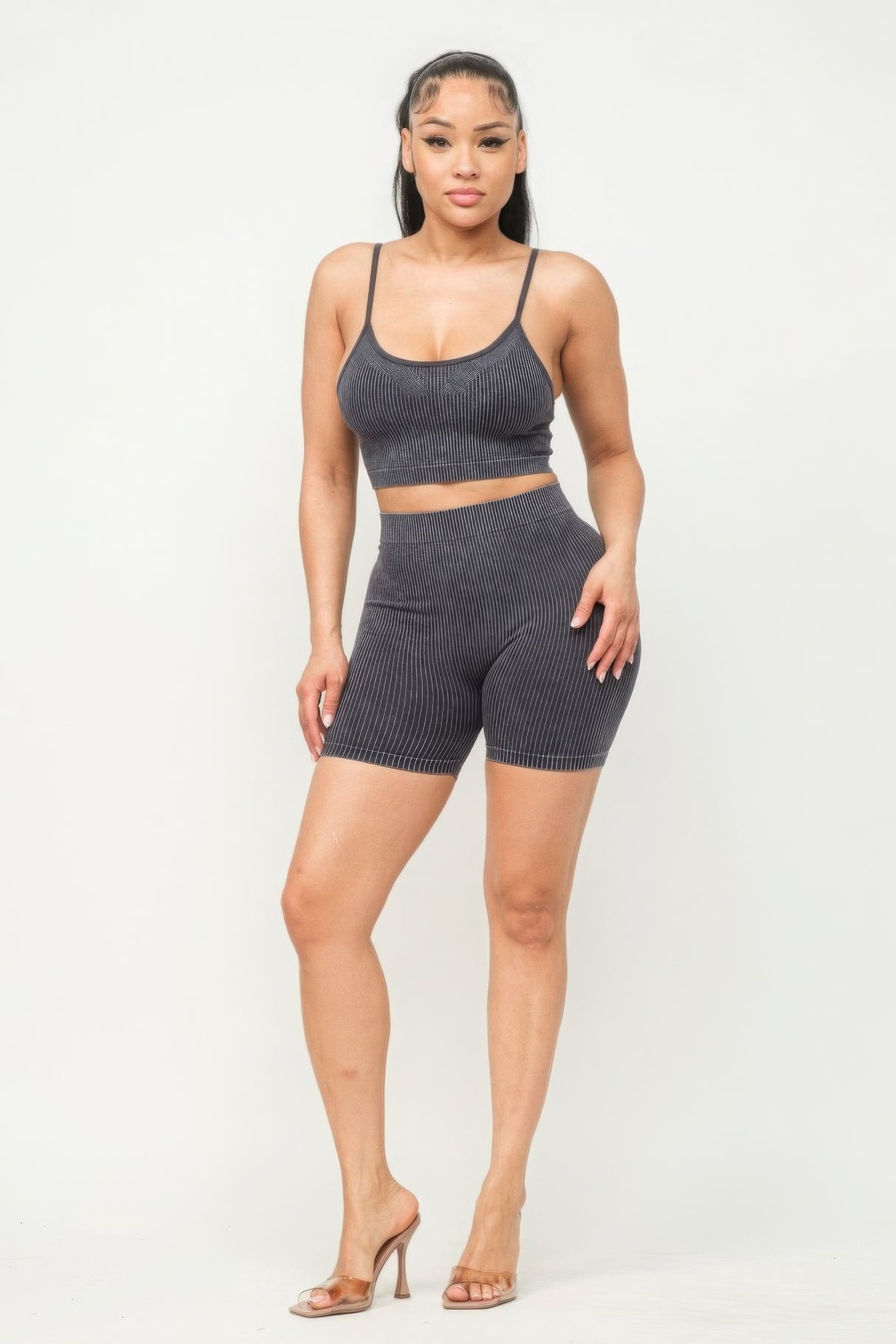 Black Washed Seamless Basic Tank Top And Shorts Set