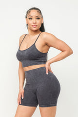 Black Washed Seamless Basic Tank Top And Shorts Set