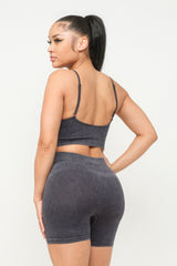 Black Washed Seamless Basic Tank Top And Shorts Set