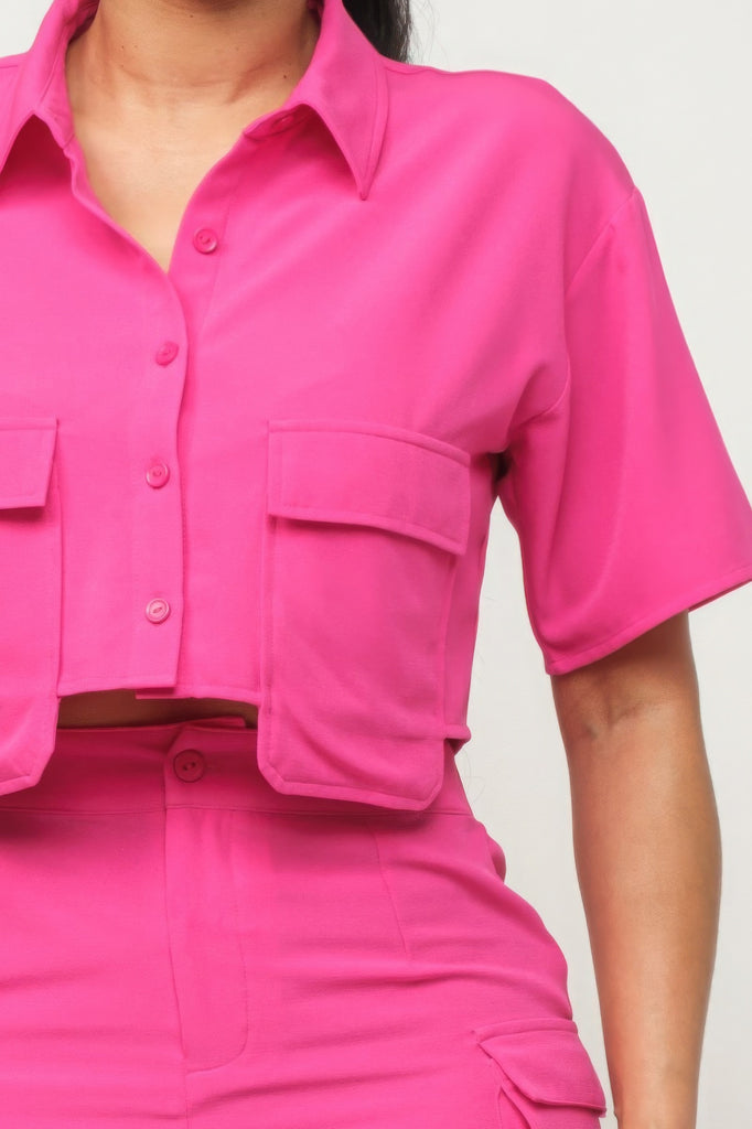 pink Front Button Down Side Pockets Top And Shorts Set 