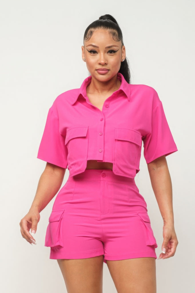 pink Front Button Down Side Pockets Top And Shorts Set 
