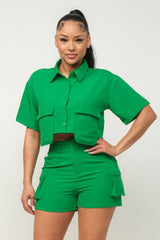 kelly green Front Button Down Side Pockets Top And Shorts Set 