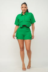 kelly green Front Button Down Side Pockets Top And Shorts Set 