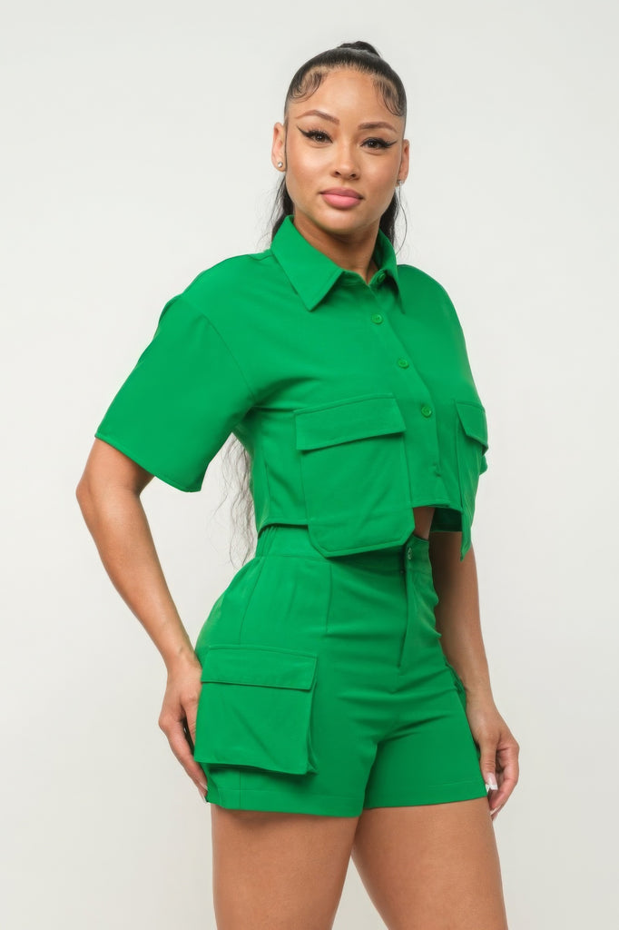kelly green Front Button Down Side Pockets Top And Shorts Set 