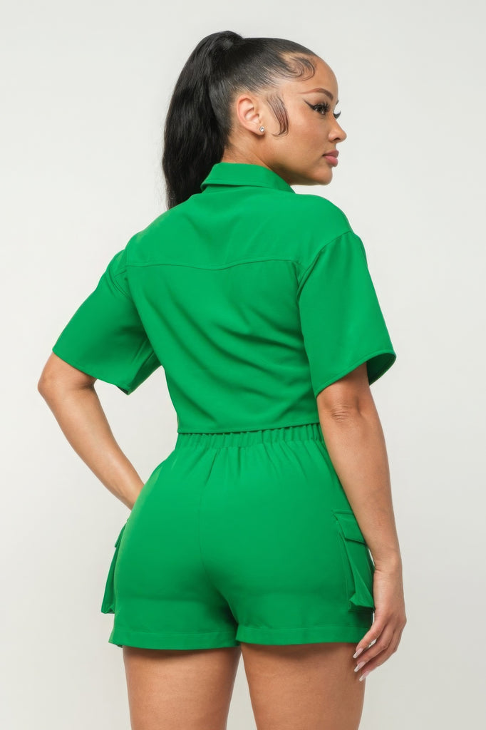 kelly green Front Button Down Side Pockets Top And Shorts Set 