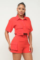 orange Front Button Down Side Pockets Top And Shorts Set 