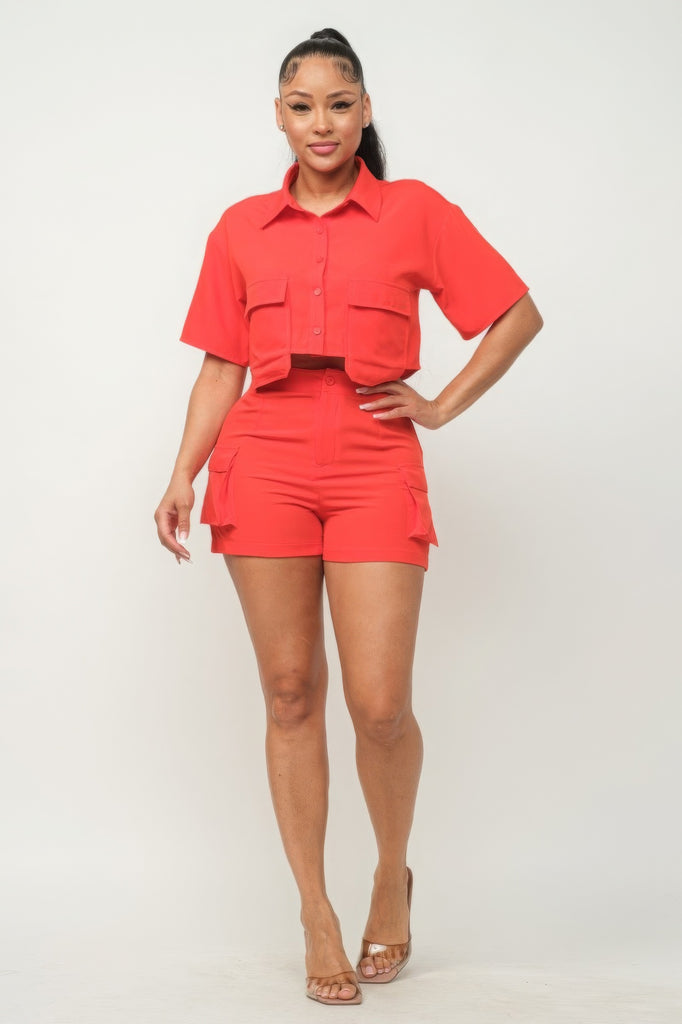orange Front Button Down Side Pockets Top And Shorts Set 