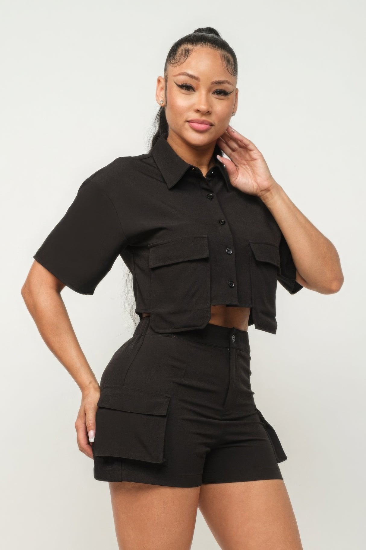 Black Front Button Down Side Pockets Top And Shorts Set 