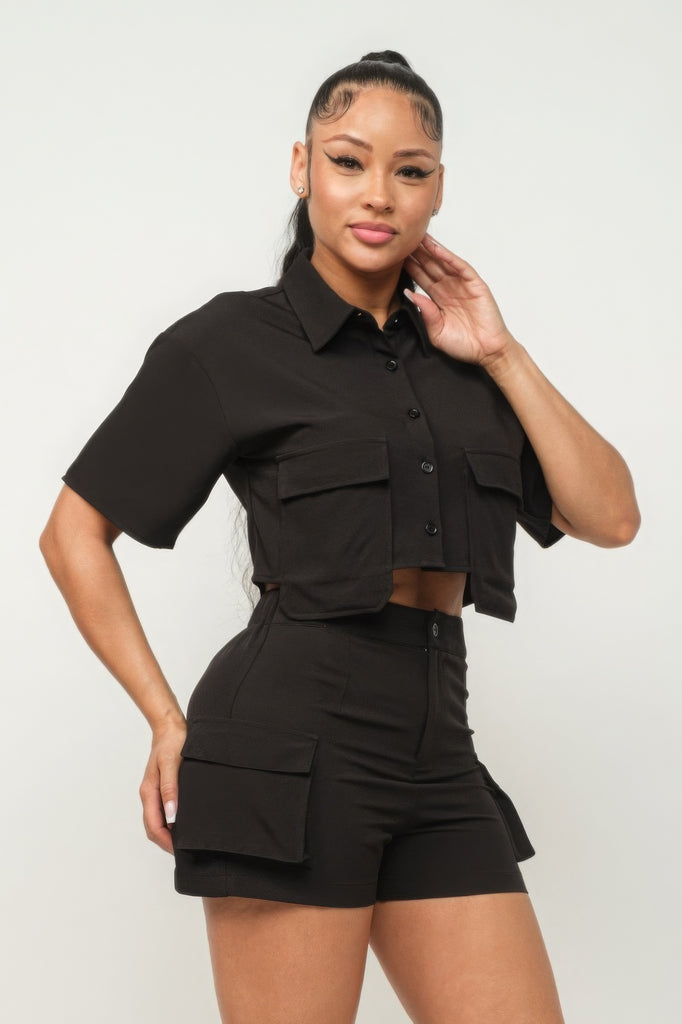 Black Front Button Down Side Pockets Top And Shorts Set 