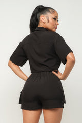 Black Front Button Down Side Pockets Top And Shorts Set 