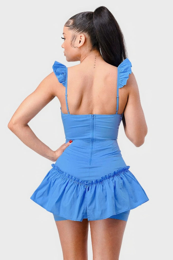 blue Sweetheart Flutter Sleeve Mini Dress