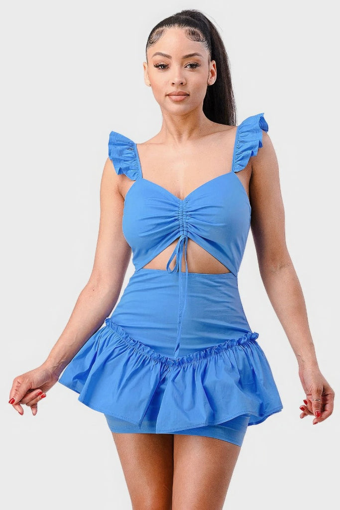 blue Sweetheart Flutter Sleeve Mini Dress