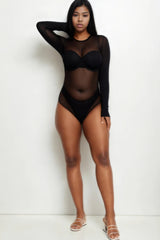 Plus Size Sheer Mesh Long Sleeve Bodysuit - Black