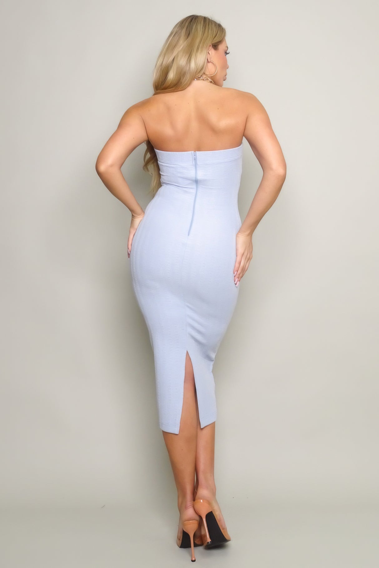 light blue Ribbed Knit Tube Midi Dress back view