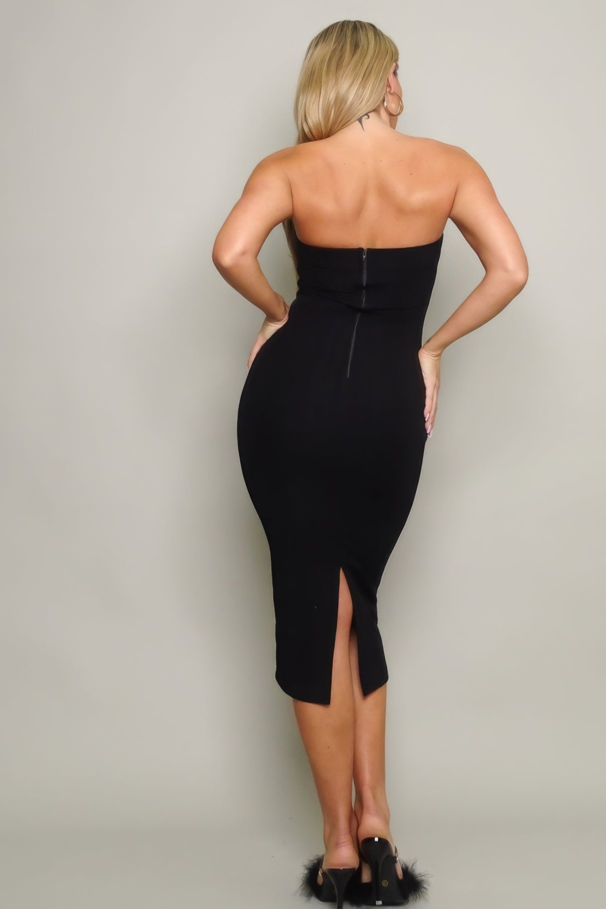 Black Ribbed Knit Tube Midi Dress back view