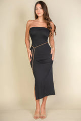 Black solid color tube top bodycon midi dress with a side slit