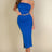 Royal blue solid color tube top bodycon midi dress with a side slit