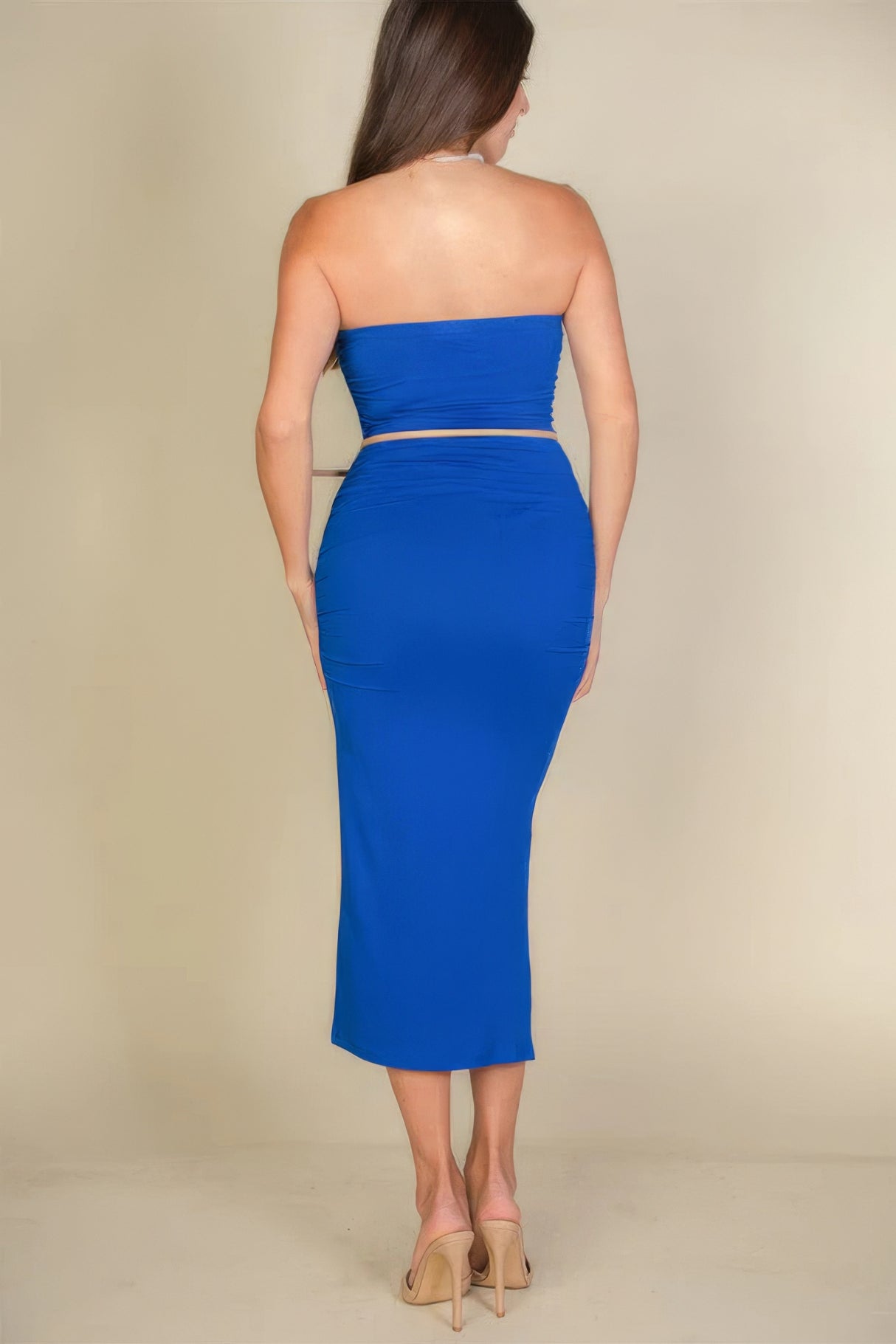 Royal blue solid color tube top bodycon midi dress with a side slit