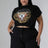 model wearing Black Plus Size High Waisted Short Set white rhinestone graphic design