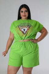 model wearing green Plus Size High Waisted Short Set