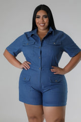 Plus Size Semi-Stretch Denim Romper front view