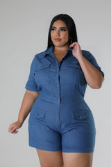 Plus Size Semi-Stretch Denim Romper with model holding collar