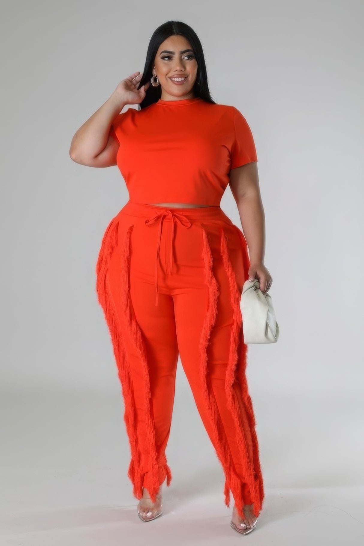 Plus Size model wearing orange High-Waist Pant Set