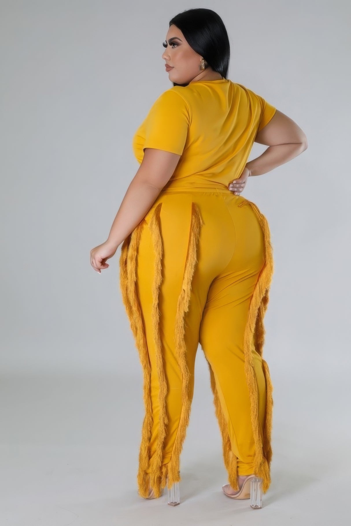 Plus Size model wearing yellow High-Waist Pant Set side view