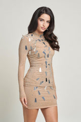 nude High neck long sleeve mirrored rhinestone mini dress