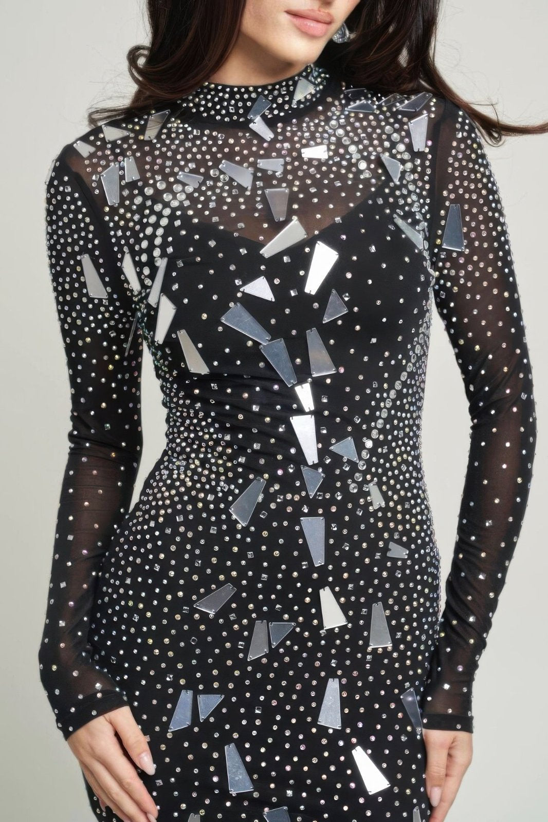 Black High neck long sleeve mirrored rhinestone mini dress close up