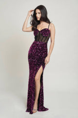 fuchsia Bustier mesh corset teddy velvet maxi dress