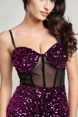 fuchsia Bustier mesh corset teddy velvet maxi dress close up