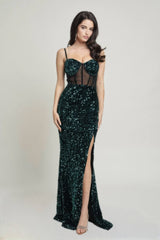 hunter green Bustier mesh corset teddy velvet maxi dress front