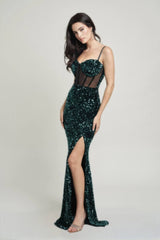 hunter green Bustier mesh corset teddy velvet maxi dress