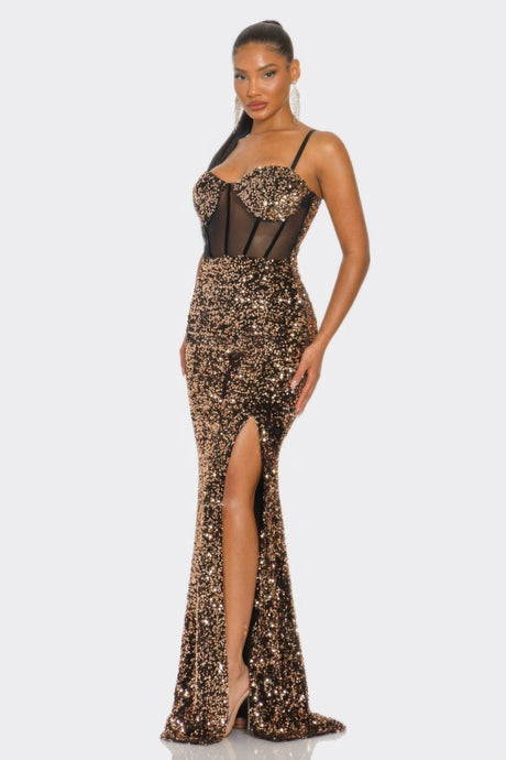 rose gold Bustier mesh corset teddy velvet maxi dress