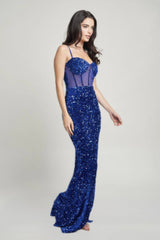 royal blue Bustier mesh corset teddy velvet maxi dress