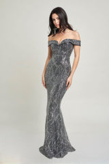 Silver Off Shoulder Sequin Maxi Dress