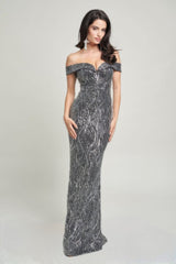 Silver Off Shoulder Sequin Maxi Dress